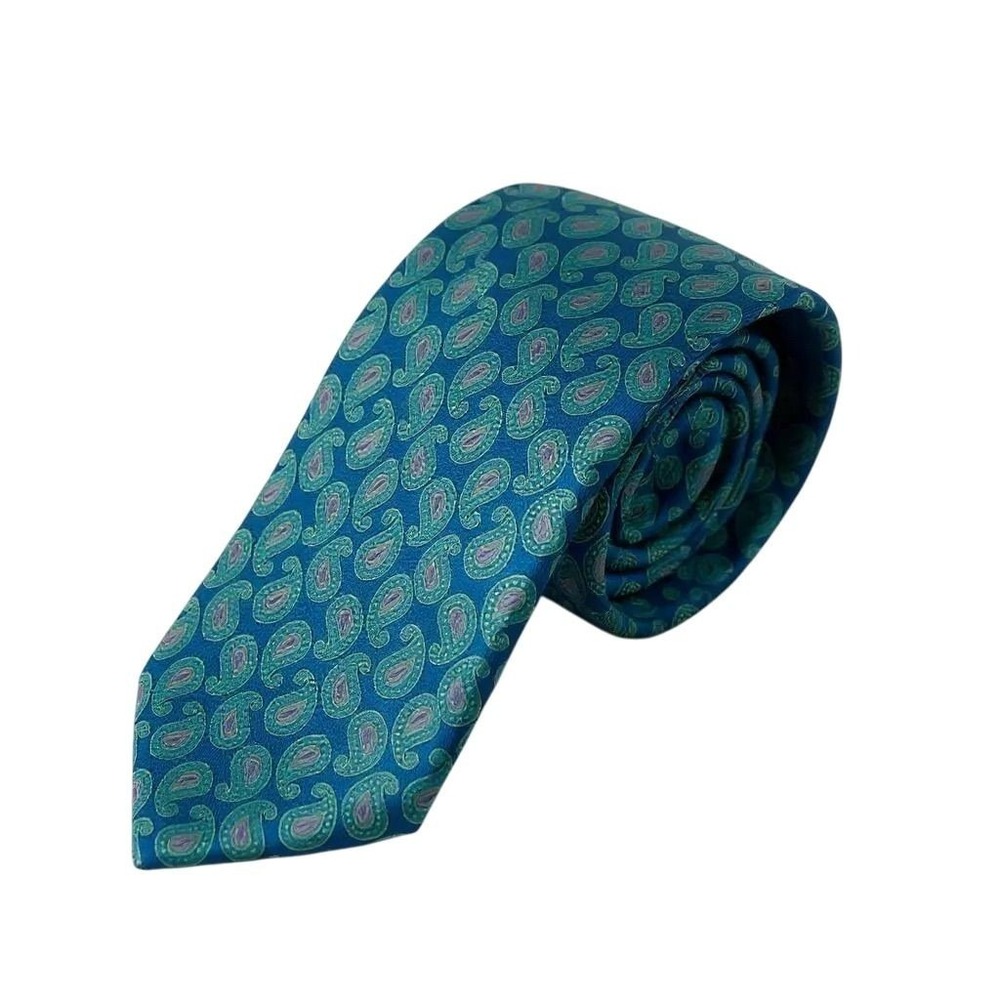 NWT Ted Baker London Men's Green Blue‎ 100% Silk Paisley Necktie Classic Length